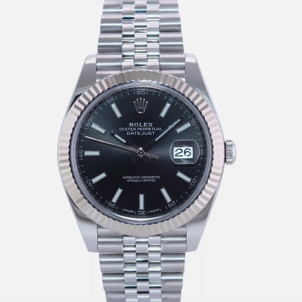 MINT MENS FLUTED BLACK ROLEX DATEJUST WITH BOX